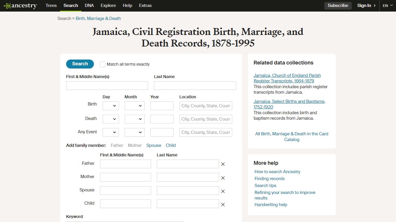 Jamaica, Civil Registration Birth, Marriage, and Death Records, 1878-1995